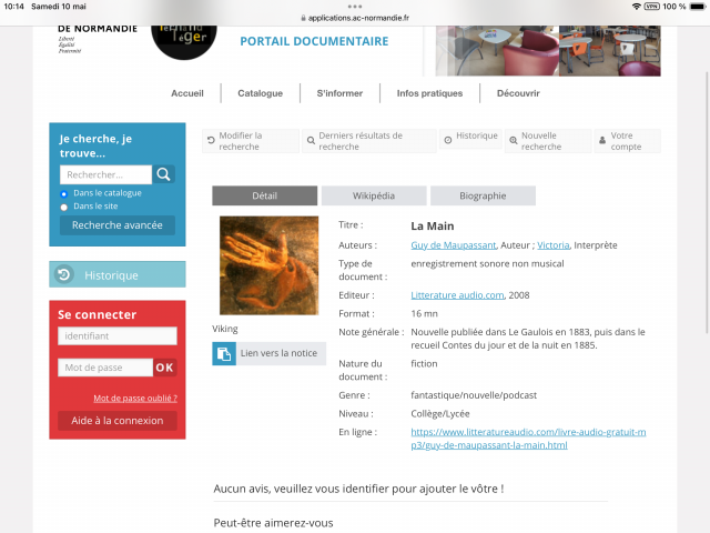 La main version livre audio sur le portail documentaire du CDI