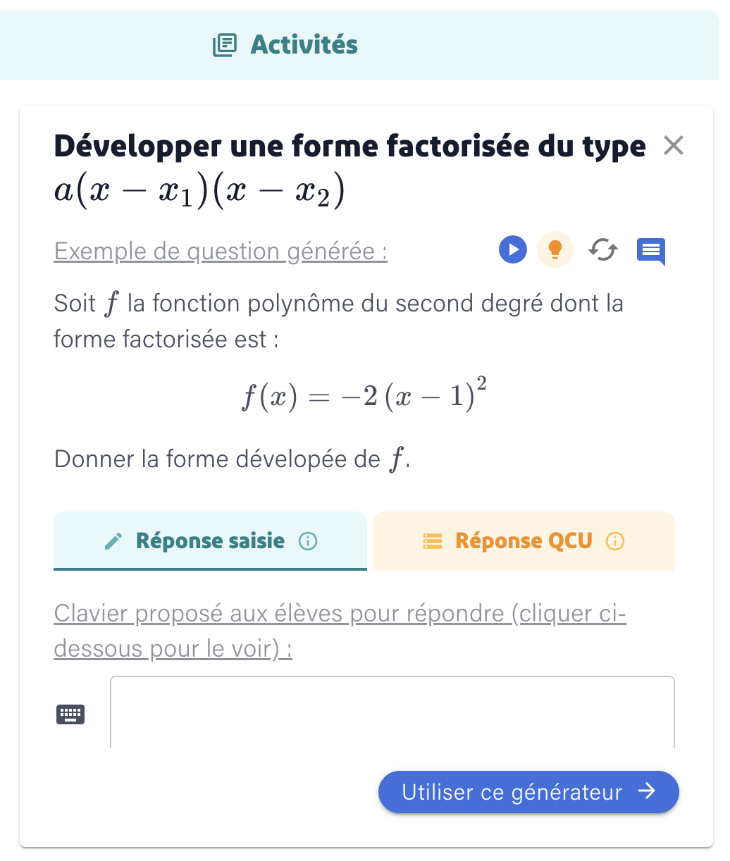 Capture d'écran d'une prévisualisation d'une question sur la factorisation
