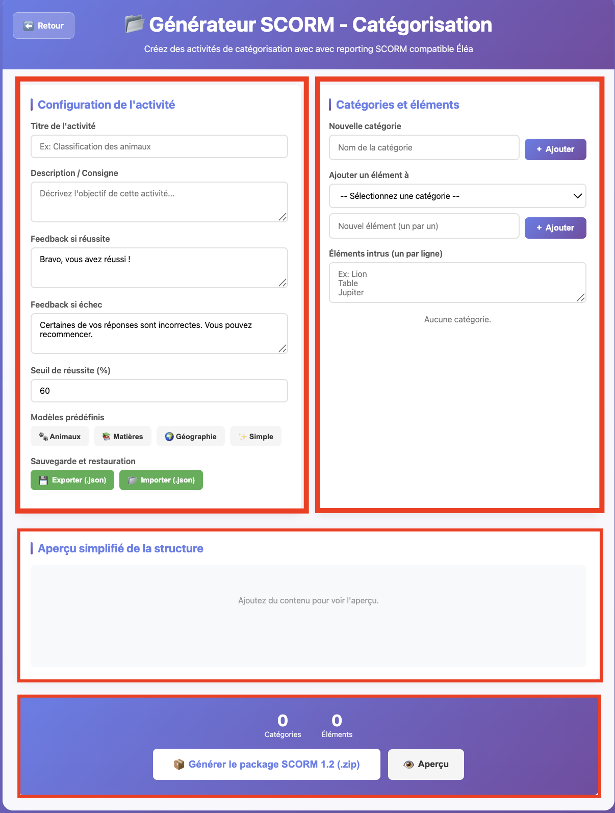 Capture d'écran distinguant les quatre zones de la page de génération de l'activité catégorisation