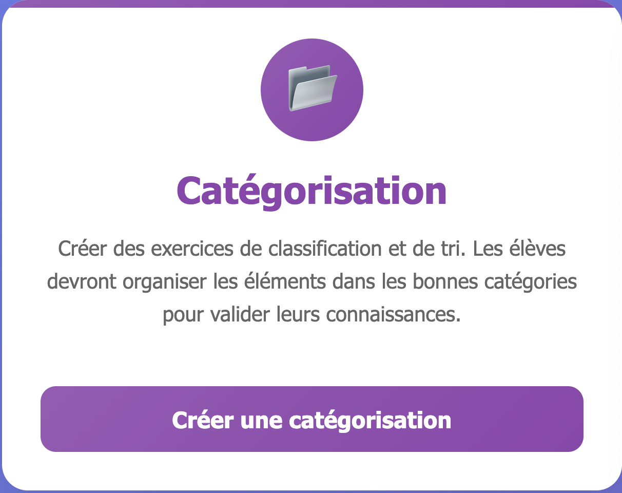 Capture d'écran du bouton d'accès de l'activité Catégorisation avec description de l'activité