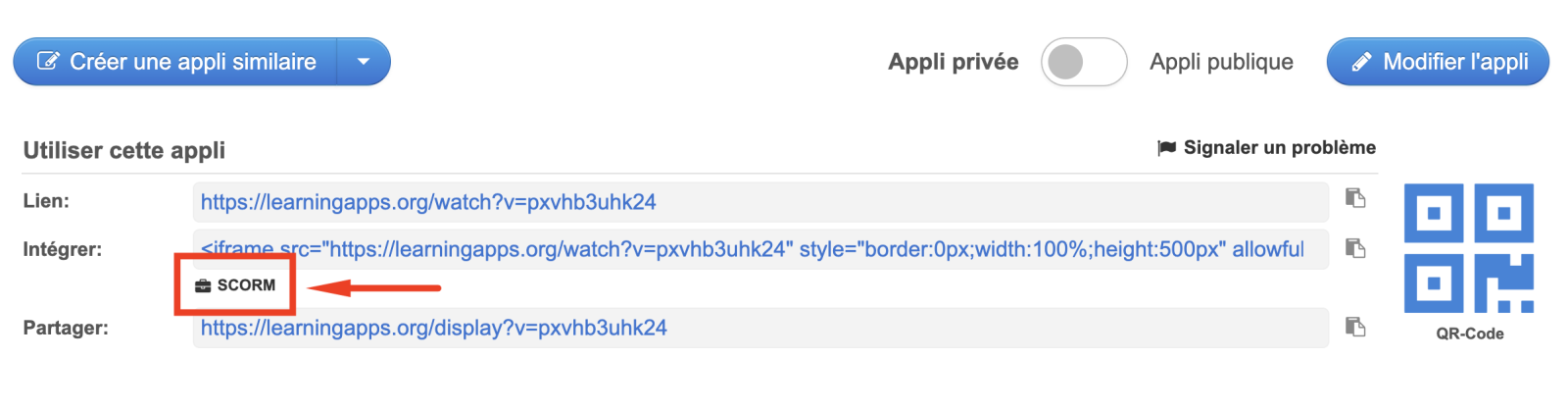Capture d'écran des possibilités d'export d'une activité Learning Apps avec mise en évidence du bouton de génération de SCORM