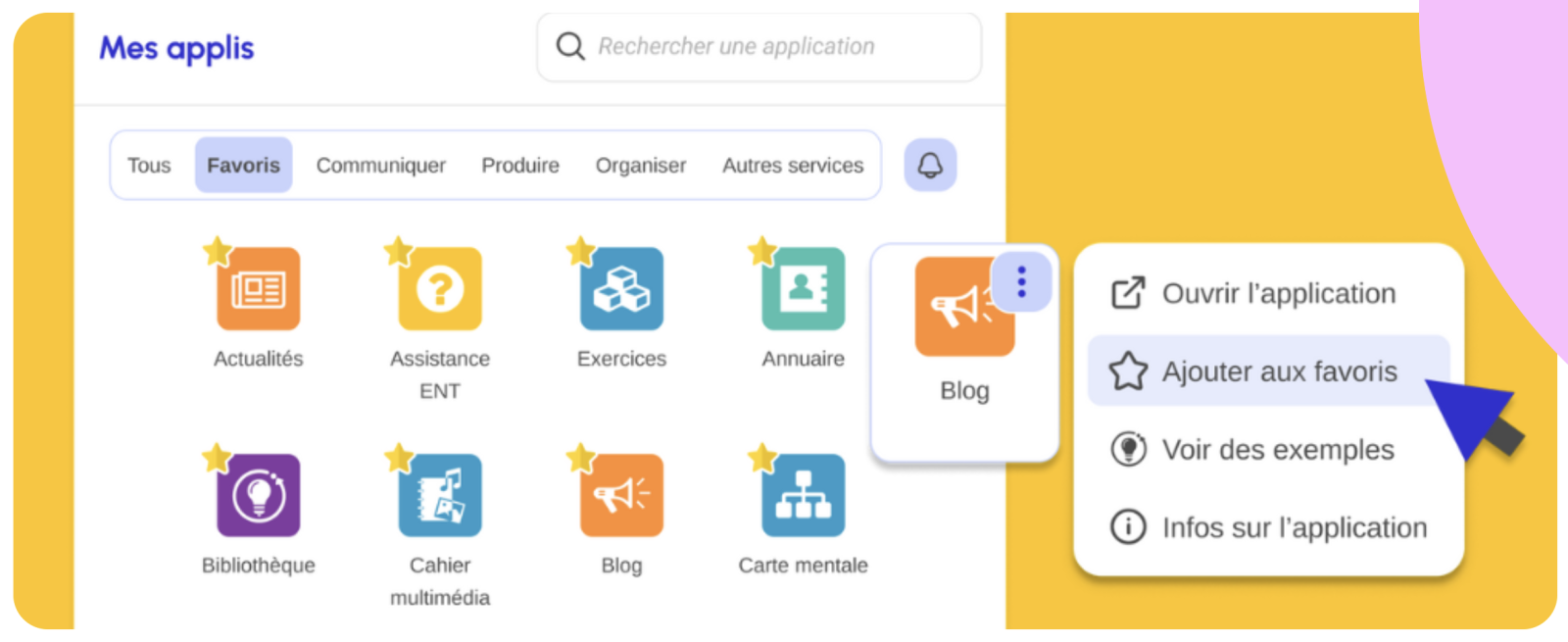 Vue sur l'application Mes applis et notamment la liste des favoris