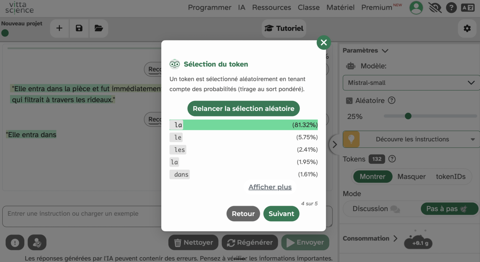 Capture d'écran du mode pas à pas génération de texte