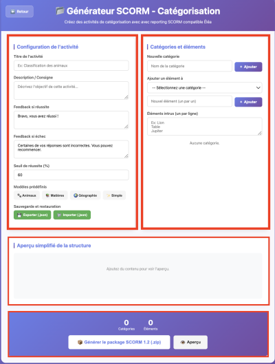 Capture d'écran distinguant les quatre zones de la page de génération de l'activité catégorisation