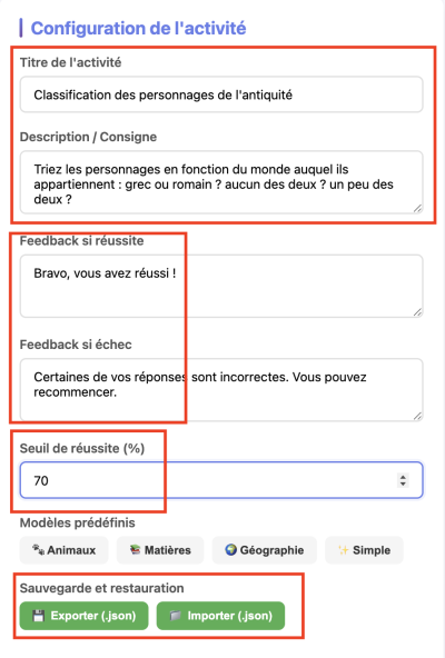 Capture d'écran distinguant les différentes options de configuration de l'activité catégorisation