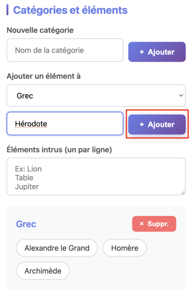 Capture d'écran mettant en évidence le bouton "ajouter" une catégorie dans la zone d'ajouts de catégories et d'éléments de l'activité catégorisation