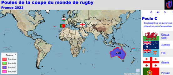 Un exemple de carte interactive de l'atlas sur les poules de la coupe du monde de rugby